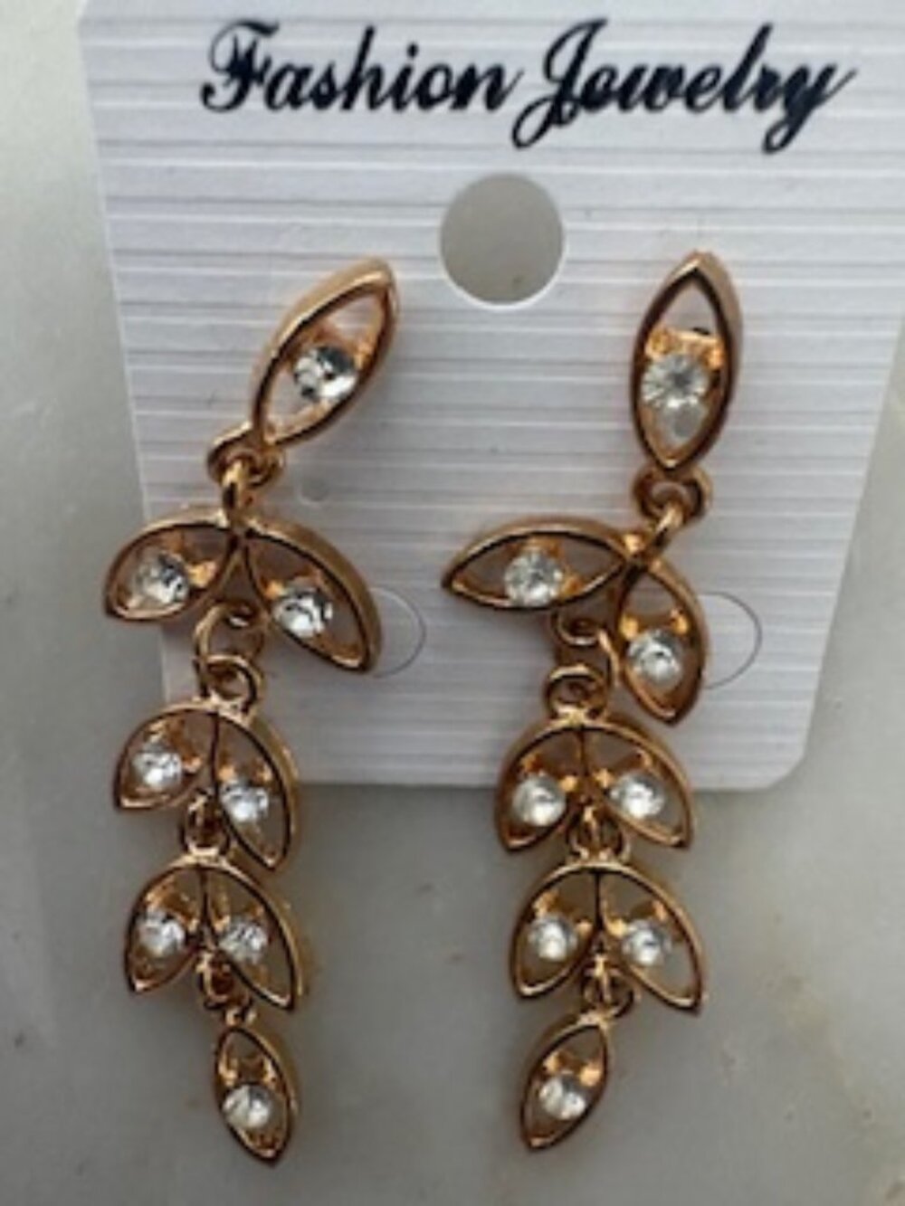 Fashion Jewelry dangle earrings-Gold tone-Clear rhinestones